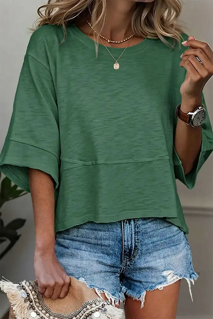 Solid Stitch Detail Round Neck Three Quarter Length Sleeve T-Shirt