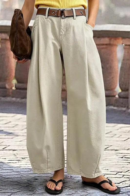 Solid Pleated Mid Rise Barrel Leg Pants Without Belt
