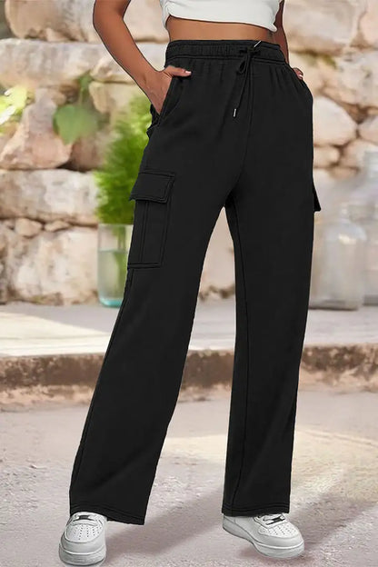 Solid Flap Pocket Elastic High Rise Straight Leg Pull-On Cargo Pants