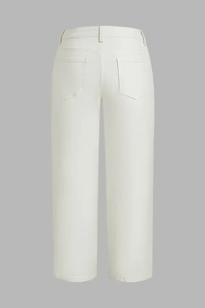 Solid Stitch Detail Patch Pocket Mid Rise Straight Leg Pants