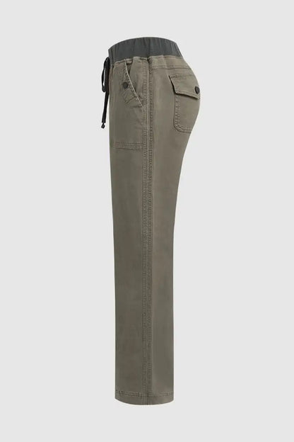 Solid Seam Detail Drawstring Mid Rise Straight Leg Pants
