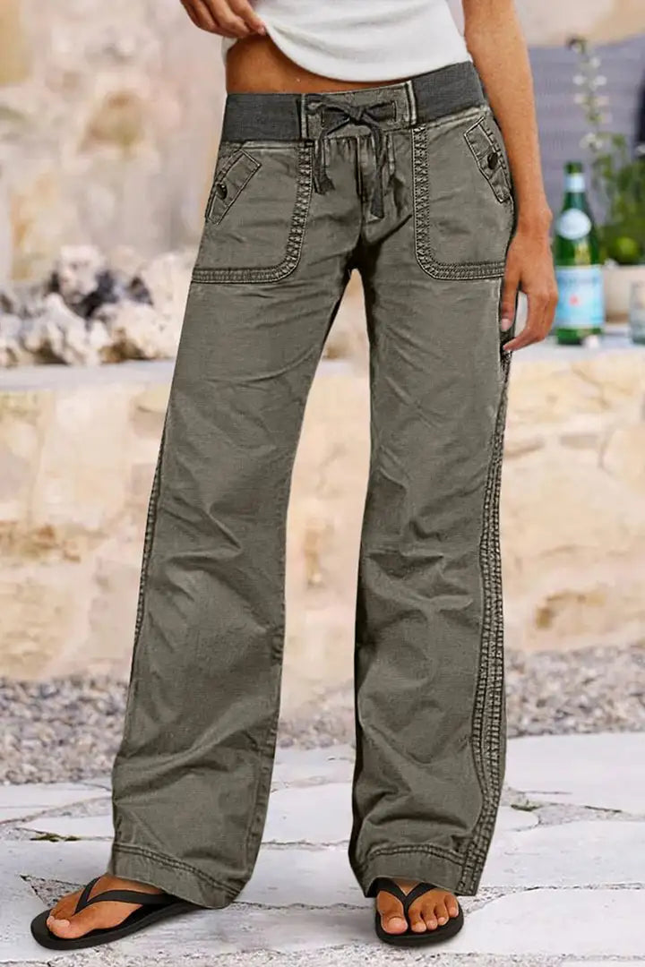 Solid Seam Detail Drawstring Mid Rise Straight Leg Pants