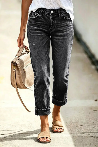 Wash Button Tab Roll Hem Mid Waist Straight Leg Crop Jeans