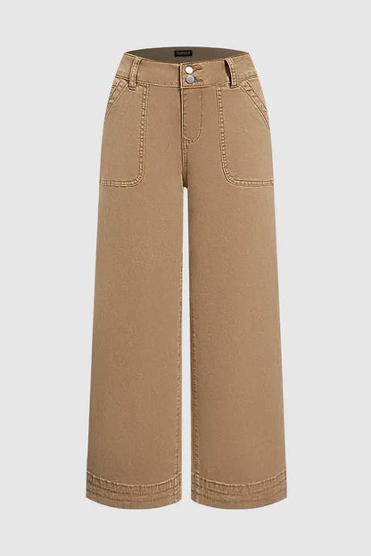 Solid Patched Pocket Mid Waist Wide Leg Pants