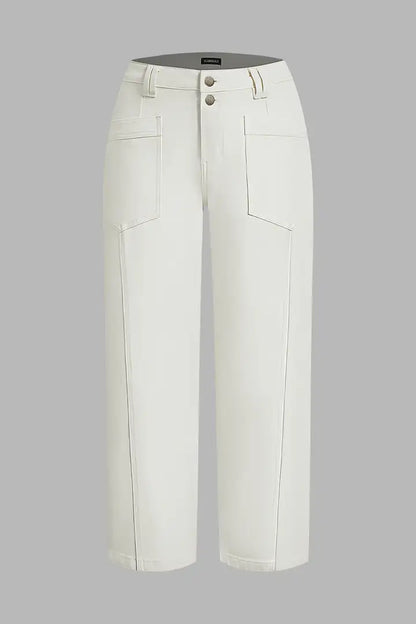 Solid Stitch Detail Patch Pocket Mid Rise Straight Leg Pants