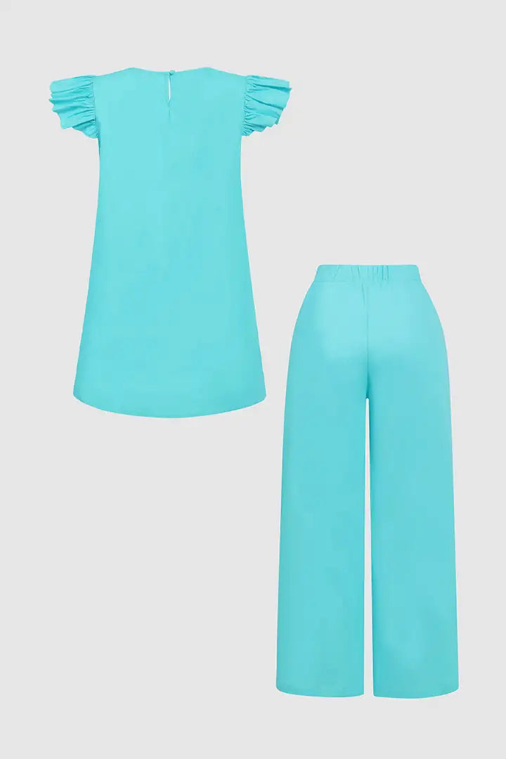 Solid Pleated Ruffle Armhole Top & Slant Pocket Pants Set