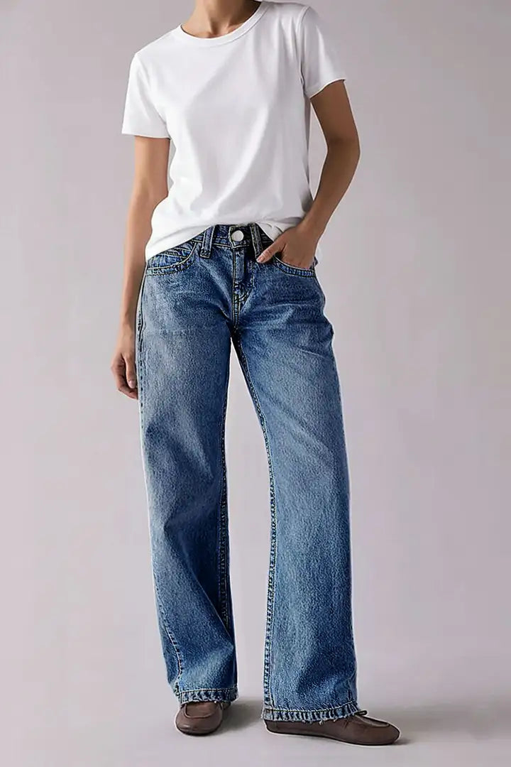 Wash Raw Hem Mid Rise Straight Leg Jeans