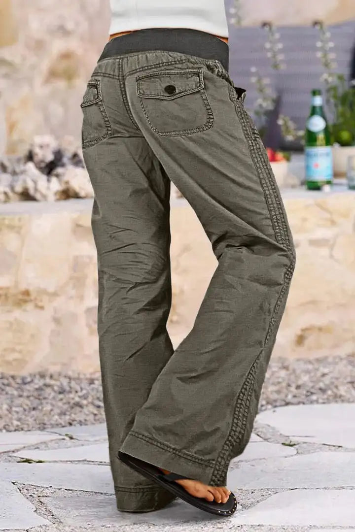 Solid Seam Detail Drawstring Mid Rise Straight Leg Pants