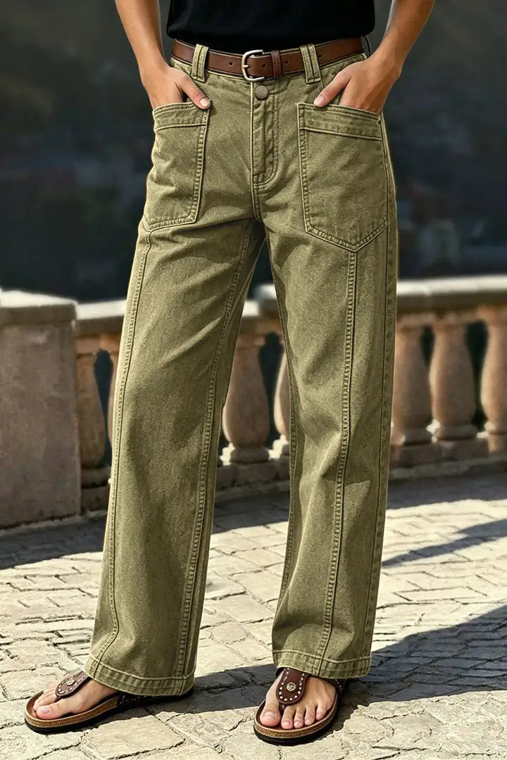 Solid Stitch Detail Patch Pocket Mid Rise Straight Leg Pants