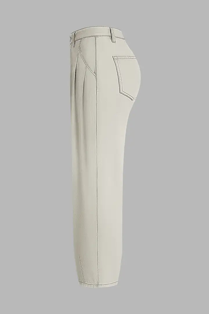 Solid Pleated Mid Rise Barrel Leg Pants Without Belt