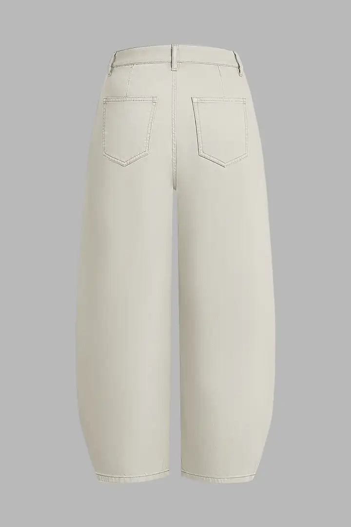 Solid Pleated Mid Rise Barrel Leg Pants Without Belt