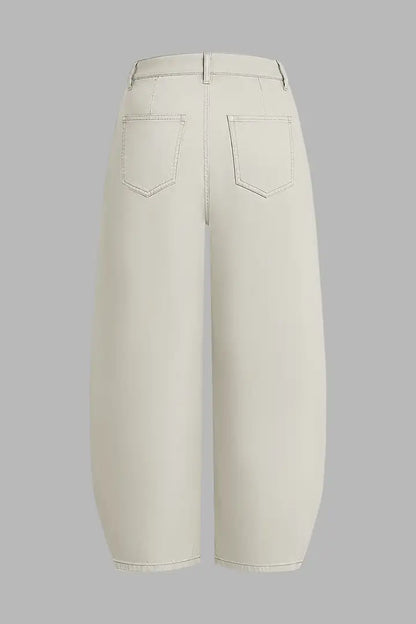 Solid Pleated Mid Rise Barrel Leg Pants Without Belt