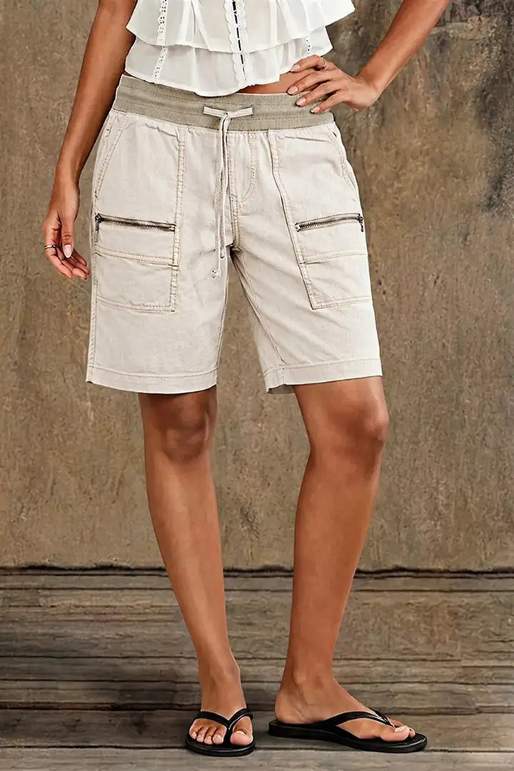 Zip Decor Patch Pocket Drawstring Mid Rise Bermuda Shorts